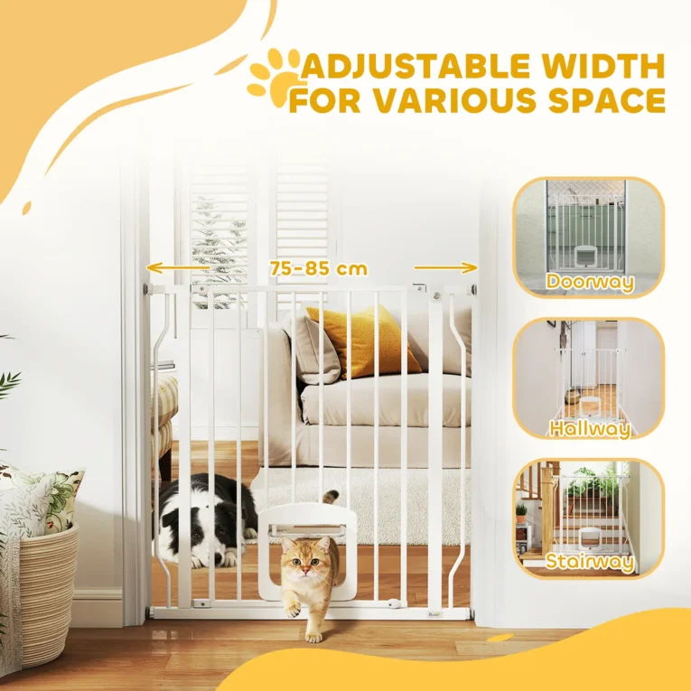 Pressure-Fit Pet Gate with Four-Way Cat Door – White, 75–85cm
