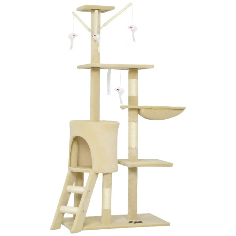 Cat Tree with Den, Basket and Ladder – Beige, 134cm