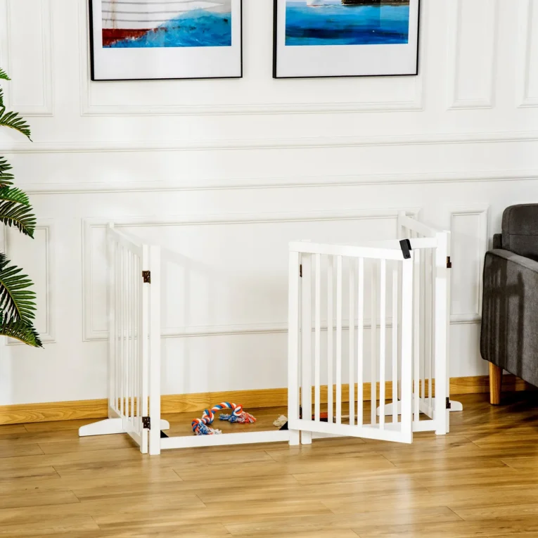 Four-Panel Freestanding Wooden Pet Gate – White, 80cm