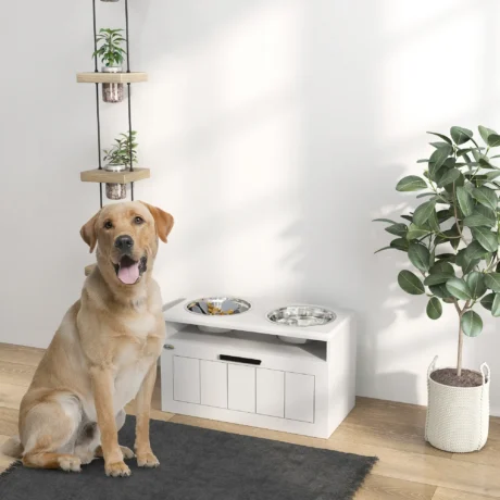 Raised Double Dog Bowl Stand with Drawer and Slow Feeder – White