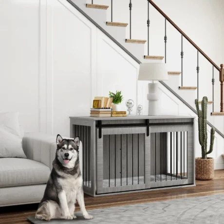 Dog Crate Furniture Extra Large with Cushion – Grey