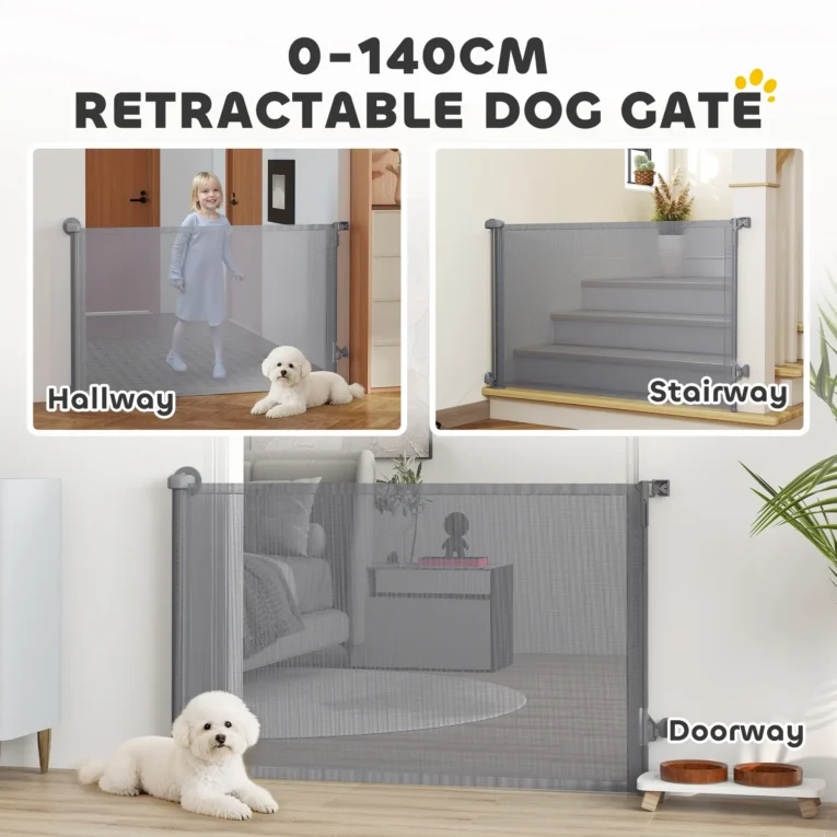 Retractable Mesh Dog Gate – Grey, Extends to 140cm Retractable Mesh Dog Gate – Grey, Extends to 140cm