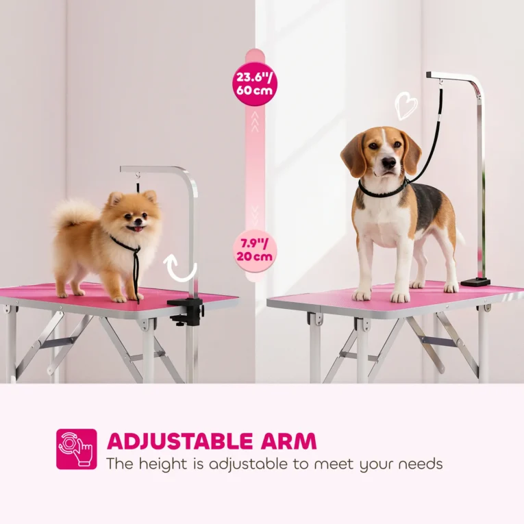Folding Dog Grooming Table with Adjustable Arm – Pink, 81cm