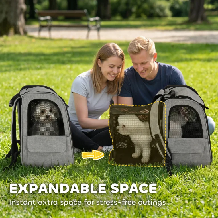Expandable Pet Backpack with Mesh Doors – Light Grey, 10kg Capacity Expandable Pet Backpack with Mesh Doors – Light Grey, 10kg Capacity
