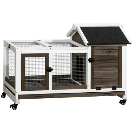 Wooden Rabbit Resting Hutch with Wheels – Brown and White