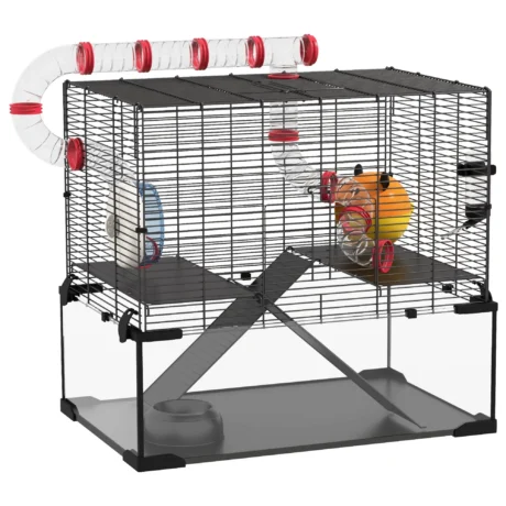 Glass-Base Rodent Cage with Tubes and Accessories &ndash; Black, 60cm