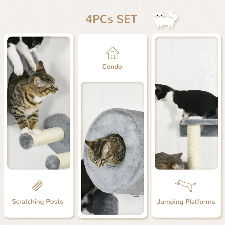 Wall-Mounted Cat Tree with Steps and Perch – Grey and cream