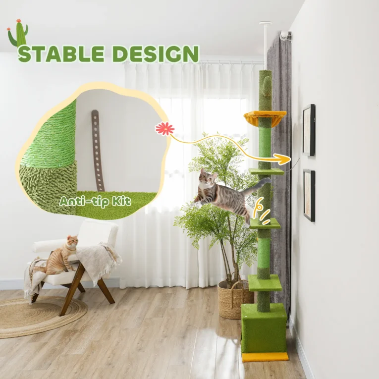 Adjustable Floor-to-Ceiling Cat Tower with Den – Green, 230–275cm