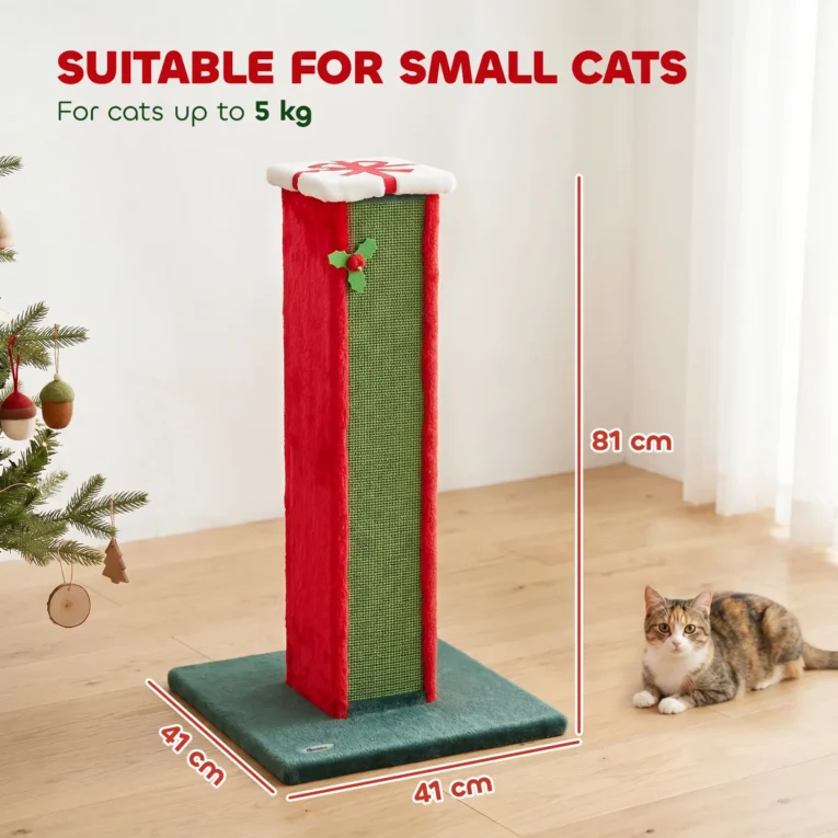 Tall Sisal Cat Scratching Post with Bell Toy – Green and Red, 81cm