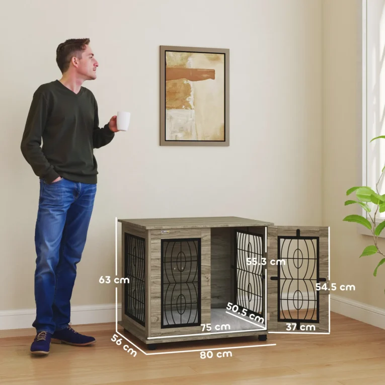 Indoor Dog Crate End Table with Cushion – Grey wood effect