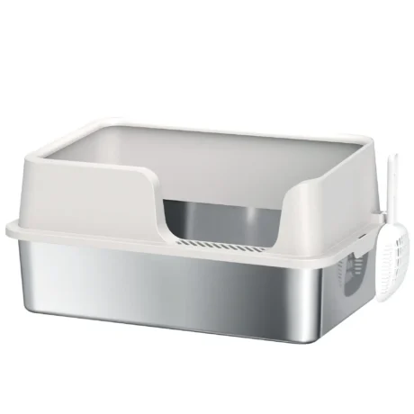 High-Sided Steel Cat Litter Tray with Removable Rim &ndash; Light Grey