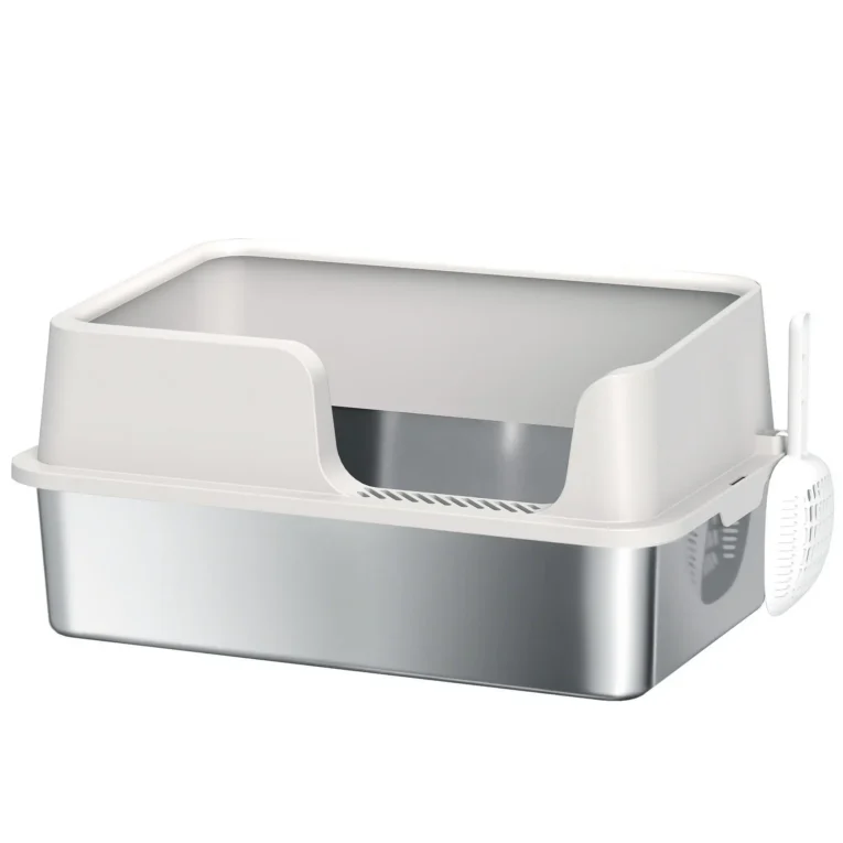 High-Sided Steel Cat Litter Tray with Removable Rim – Light Grey