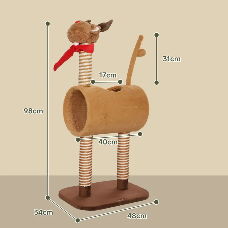 Deer-Style Cat Tower with Tunnel and Jute Posts – Brown, 98cm
