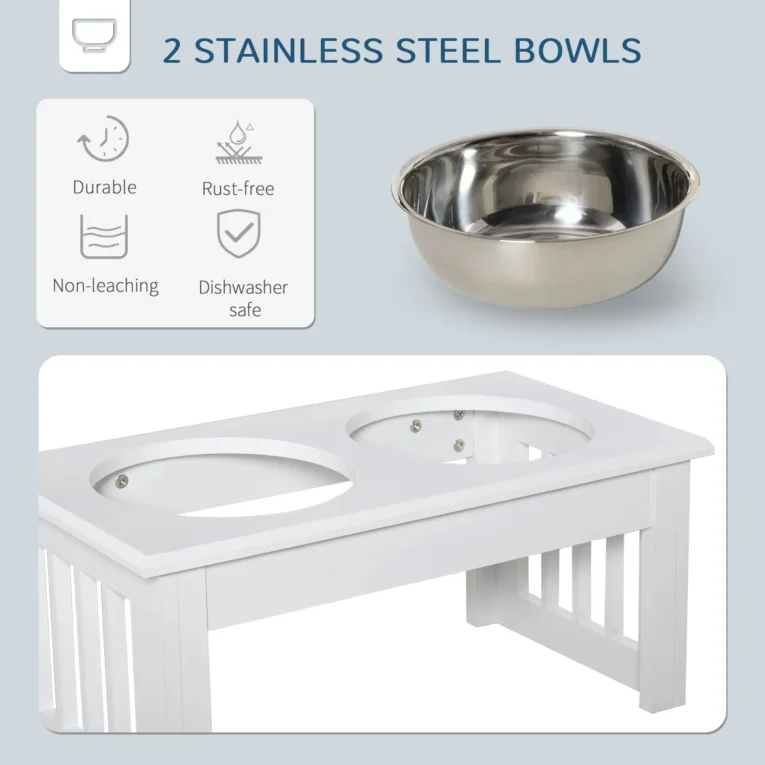 Raised Dog Feeding Bowls Stand Stainless Steel 44x24cm – White Raised Dog Feeding Bowls Stand Stainless Steel 44x24cm – White