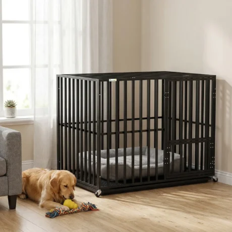 Large Steel Dog Crate with Wheels and Feeding Door – Black, 107cm