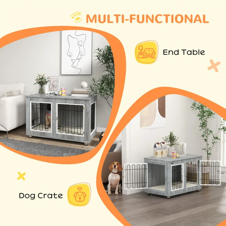 Dog Crate Furniture Table with Cushion and Doors – Grey, white and black